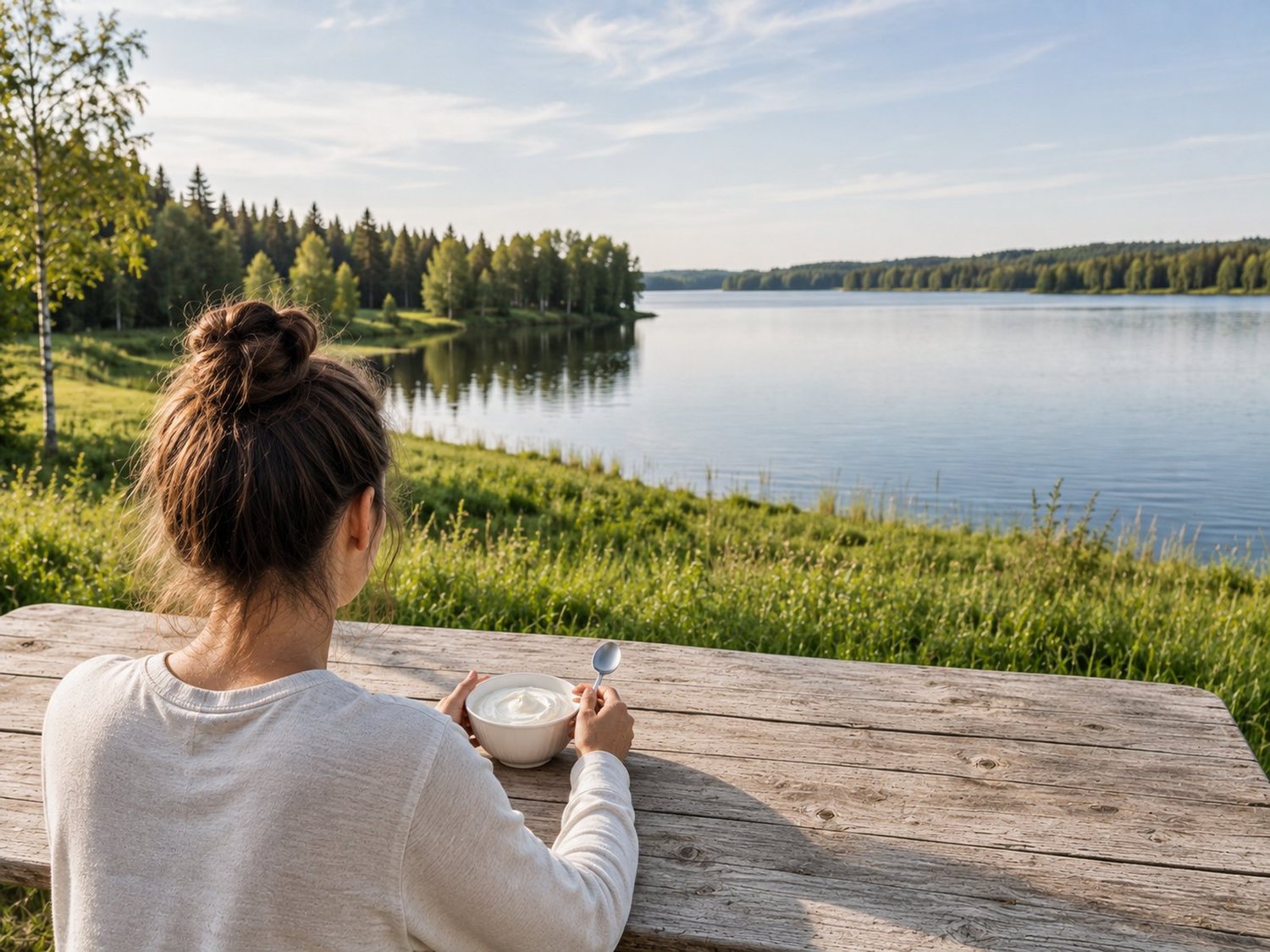 A bowl of cream at a lakeside table in Finland